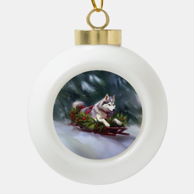Siberian Husky Christmas snow winter Ceramic Ball Christmas Ornament (Front)