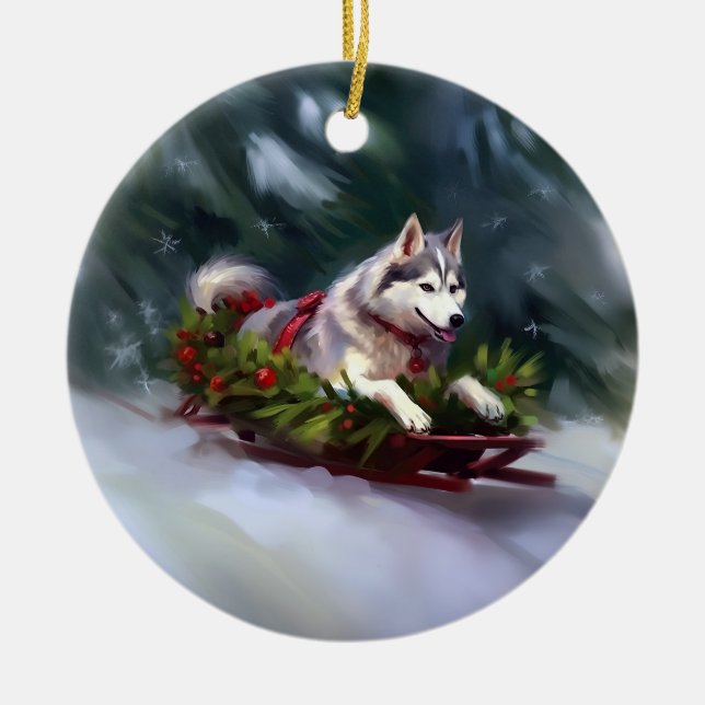 Siberian Husky Christmas snow winter Ceramic Ornament (Front)