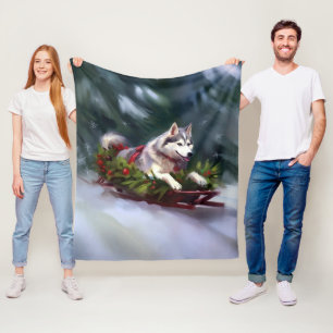 Siberian Husky Christmas snow winter Fleece Blanket