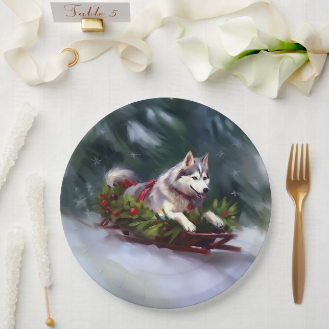 Siberian Husky Christmas snow winter Paper Plate (Wedding)