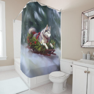 Siberian Husky Christmas snow winter Shower Curtain