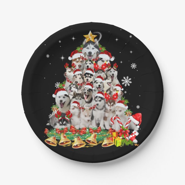 Siberian husky christmas tree lights | dog xmas paper plate (Front)