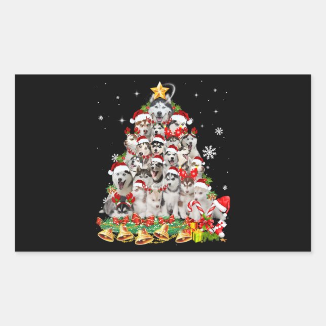 Siberian husky christmas tree lights | dog xmas rectangular sticker (Front)