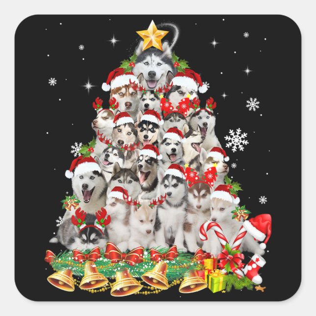 Siberian husky christmas tree lights | dog xmas square sticker (Front)