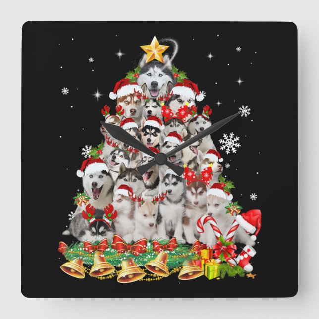 Siberian husky christmas tree lights | dog xmas square wall clock (Front)