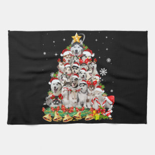 Siberian husky christmas tree lights   dog xmas tea towel