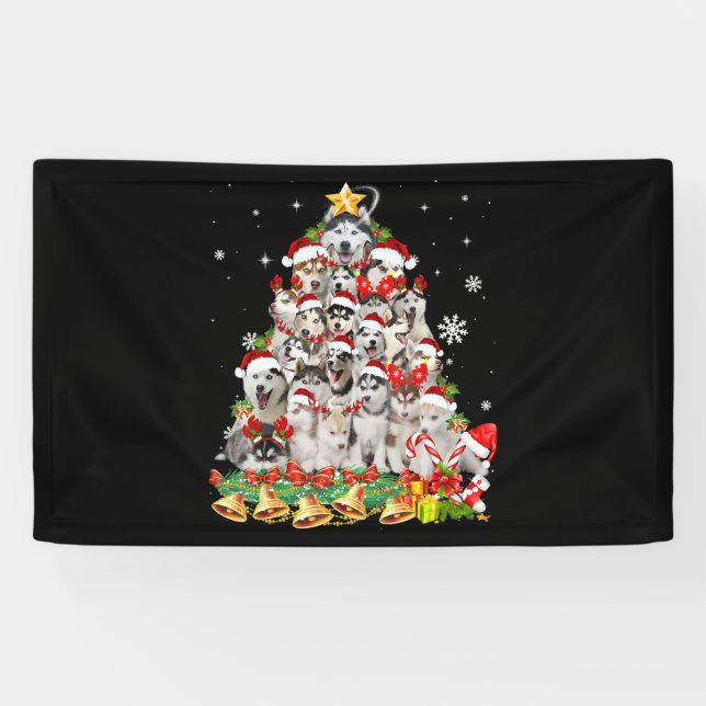 Siberian Husky Christmas Tree Lights Funny Dog Banner (Horizontal)
