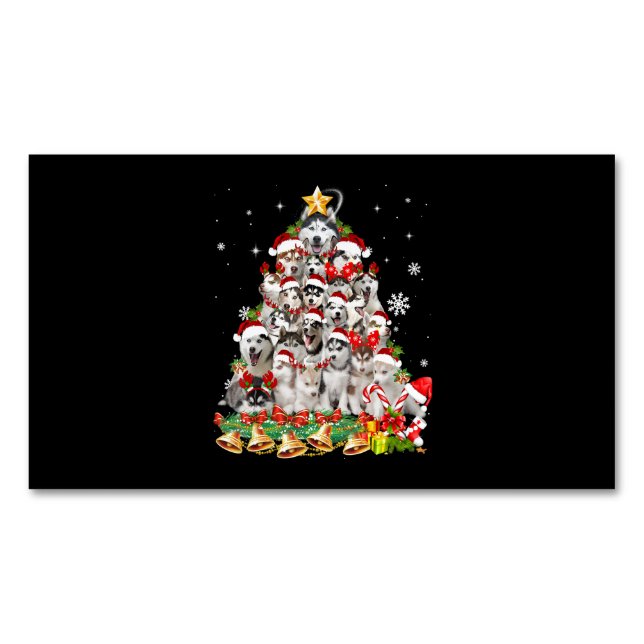 Siberian Husky Christmas Tree Lights Funny Dog Magnetic Business Card (Front)