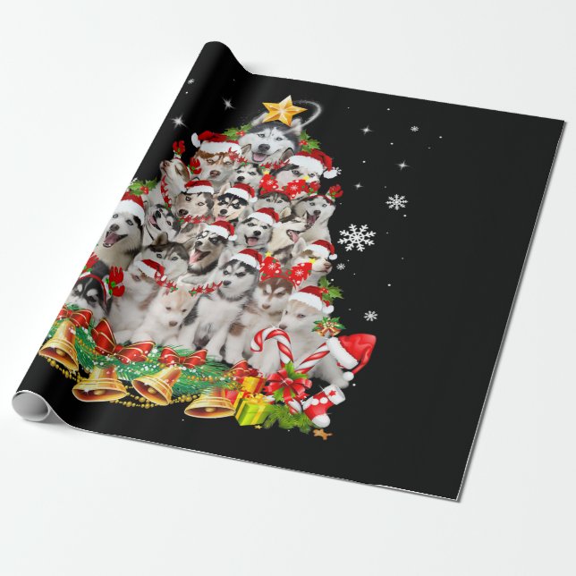Siberian Husky Christmas Tree Lights Funny Dog Wrapping Paper (Unrolled)