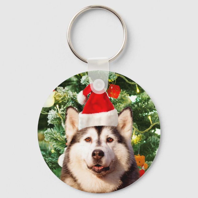 Siberian Husky Christmas Tree Ornaments Snowman Key Ring (Front)