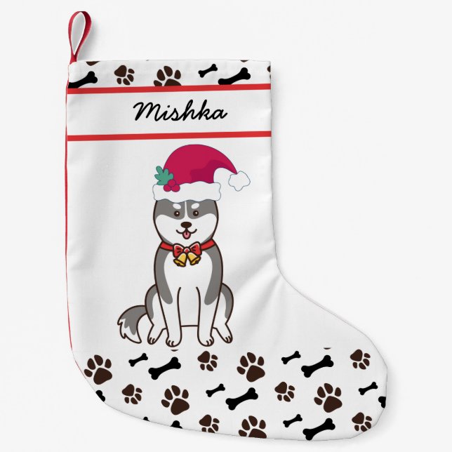 Siberian Husky Christmas With Custom Dog Name Small Christmas Stocking (Front)