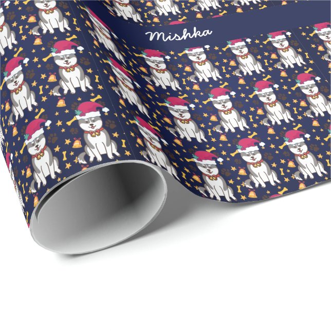 Siberian Husky Christmas With Custom Dog Name Wrapping Paper (Roll Corner)