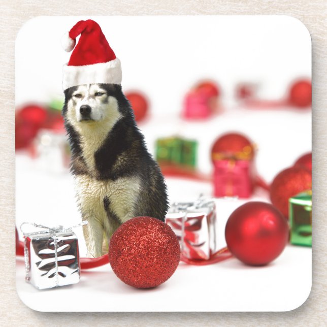 Siberian Husky Christmas with Ornament  Gift Box Coaster (Front)