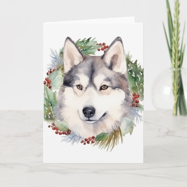 Siberian Husky Christmas Wreath Festive Pup  Card (Front)