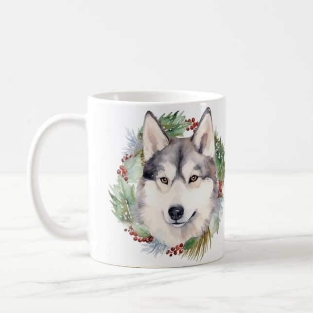 Siberian Husky Christmas Wreath Festive Pup  Coffee Mug (Left)