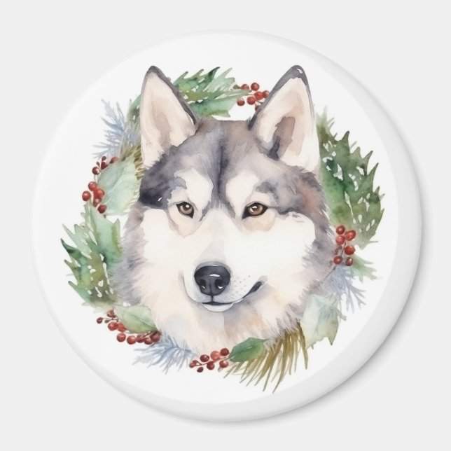Siberian Husky Christmas Wreath Festive Pup  Magnet (Front)