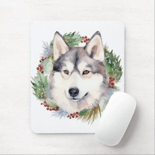 Siberian Husky Christmas Wreath Festive Pup  Mouse Pad