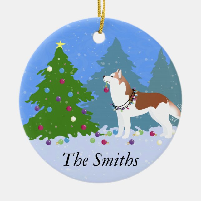Siberian Husky Decorating Christmas Tree -Forest Ceramic Ornament (Front)