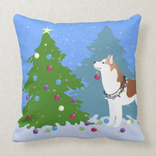 Siberian Husky Decorating Christmas Tree -Forest Cushion