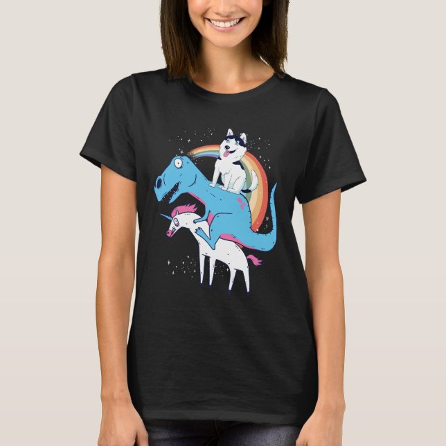 Siberian Husky Dinosaur Riding Unicorn Rex Husky T-Shirt (Front)