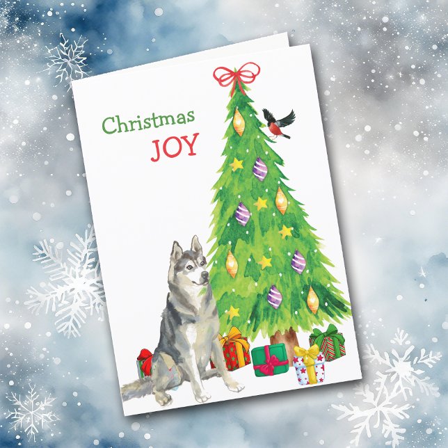Siberian Husky Dog and Christmas Tree Holiday Card (Creator Uploaded)