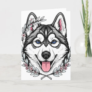 Siberian Husky Dog And Mountain Laurel Blossom Holiday Card