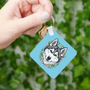 Siberian Husky Dog And Mountain Laurel Flowers Key Ring