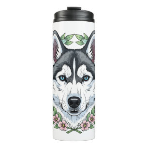 Siberian Husky Dog And Mountain Laurel Flowers Thermal Tumbler