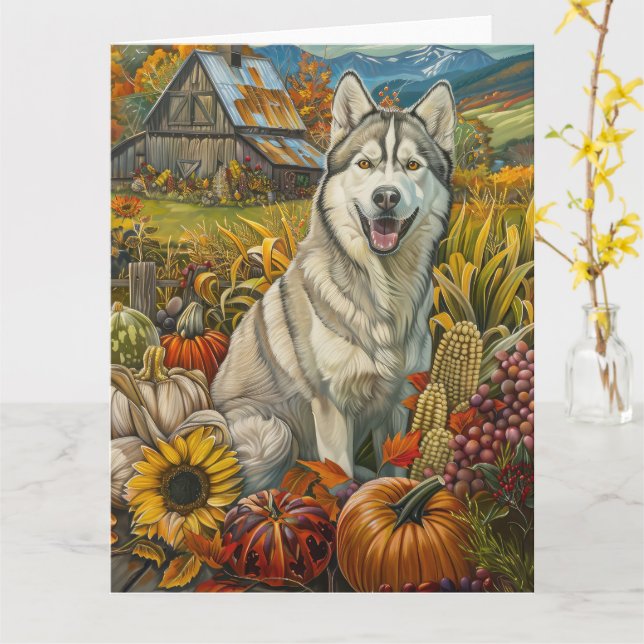 Siberian Husky Dog Autumn Harvest Thanksgiving Card (Yellow Flower)