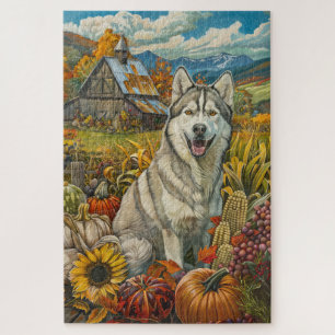 Siberian Husky Dog Autumn Harvest Thanksgiving Jigsaw Puzzle