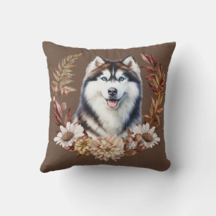 Siberian Husky Dog Autumn Wreath Cushion