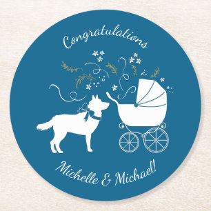 Siberian Husky Dog Baby Shower Puppy Blue Boy Round Paper Coaster