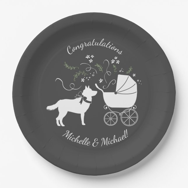 Siberian Husky Dog Baby Shower Puppy Grey Paper Plate (Front)