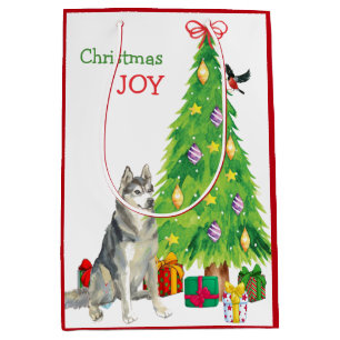 Siberian Husky Dog, Bird, and Christmas Tree Medium Gift Bag
