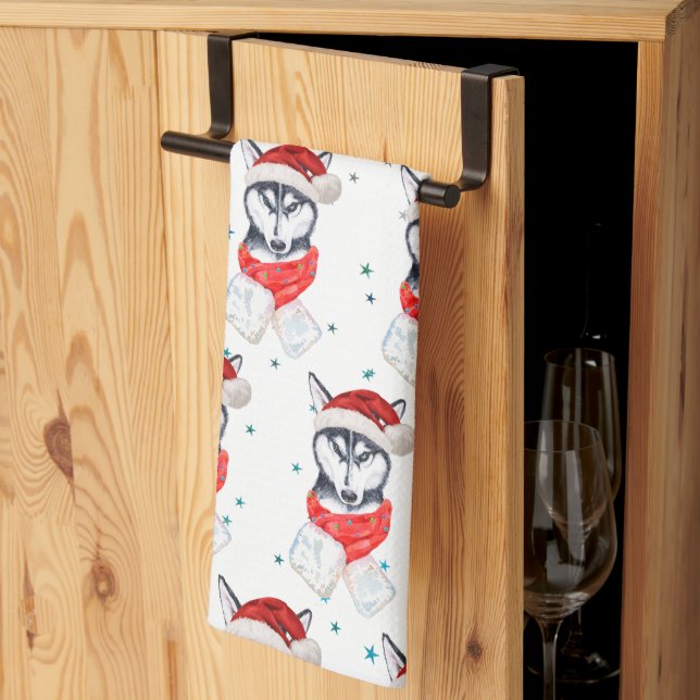 Siberian Husky Dog Breed Christmas Stars Tea Towel (Thirds Fold)