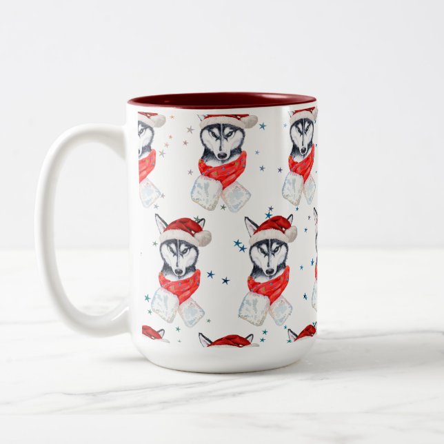Siberian Husky Dog Breed Christmas Stars Two-Tone Coffee Mug (Left)
