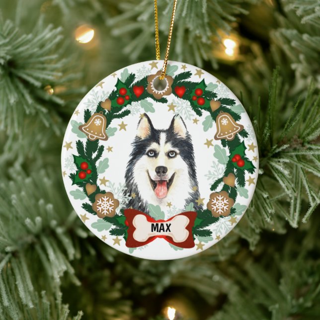 Siberian Husky Dog Christmas Cookie Wreath Ceramic Ornament (Tree)