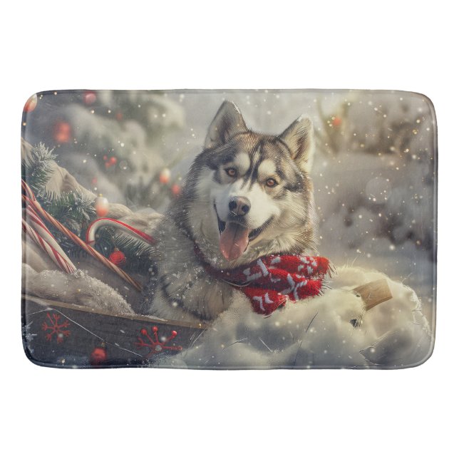 Siberian Husky Dog Christmas Festive Bath Mat (Front)