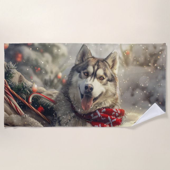 Siberian Husky Dog Christmas Festive Beach Towel (Front)