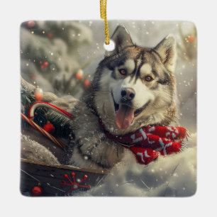 Siberian Husky Dog Christmas Festive Ceramic Ornament