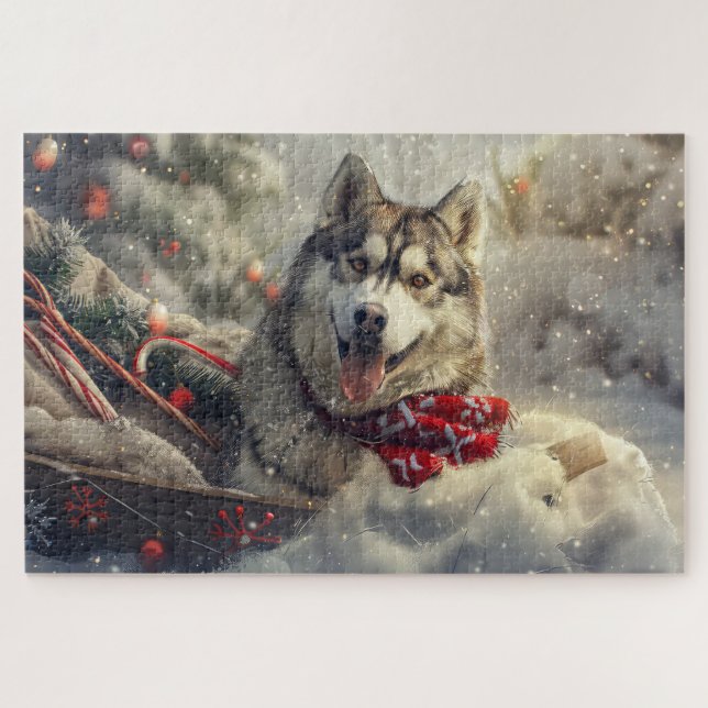 Siberian Husky Dog Christmas Festive Jigsaw Puzzle (Horizontal)