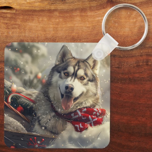 Siberian Husky Dog Christmas Festive Key Ring (Back)