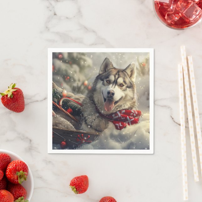 Siberian Husky Dog Christmas Festive Napkin (Insitu)