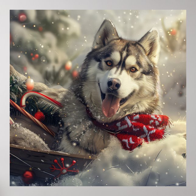 Siberian Husky Dog Christmas Festive Poster (Front)