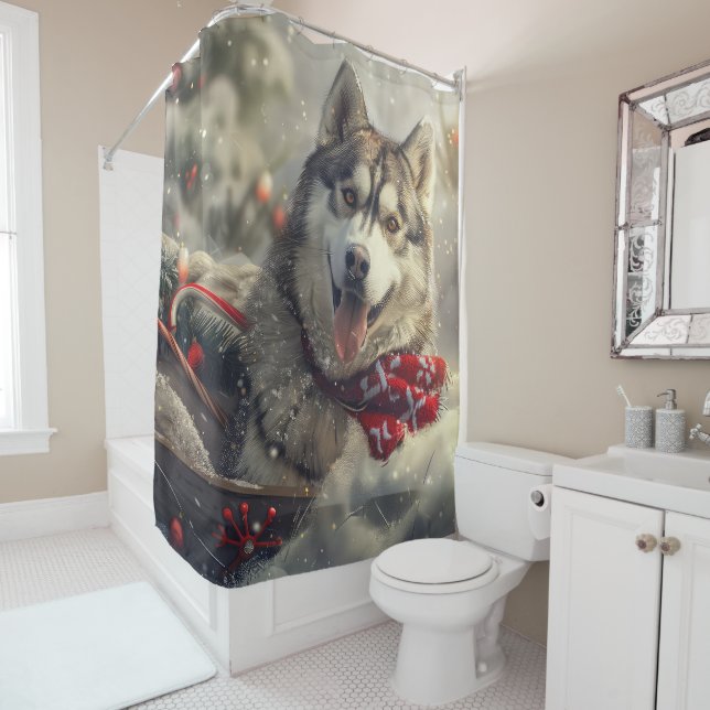 Siberian Husky Dog Christmas Festive Shower Curtain (In Situ)
