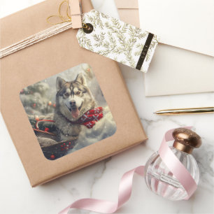 Siberian Husky Dog Christmas Festive Square Sticker