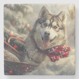 Siberian Husky Dog Christmas Festive Stone Coaster