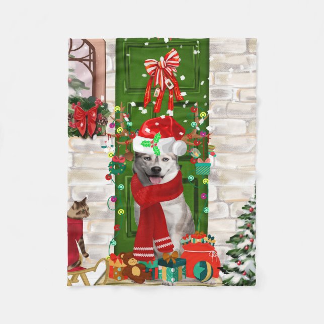 Siberian Husky Dog Christmas  Fleece Blanket (Front)