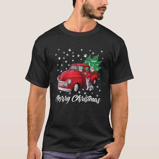 Siberian Husky Dog Christmas Red Truck Merry Xmas T-Shirt (Front)
