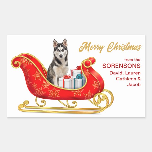 Siberian Husky Dog Christmas Sleigh Rectangular Sticker (Front)